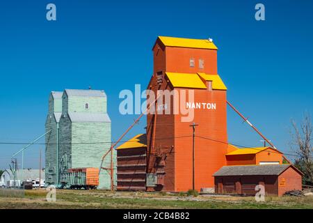 Old style grain elevators preserved as museums, Nanton, Alberta, Canada Stock Photo