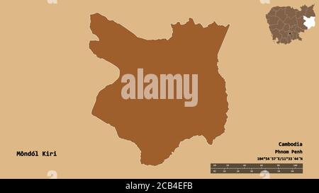 Shape of Môndól Kiri, province of Cambodia, with its capital isolated on solid background. Distance scale, region preview and labels. Composition of p Stock Photo