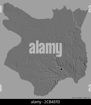 Shape of Môndól Kiri, province of Cambodia, with its capital isolated on a solid color background. Bilevel elevation map. 3D rendering Stock Photo