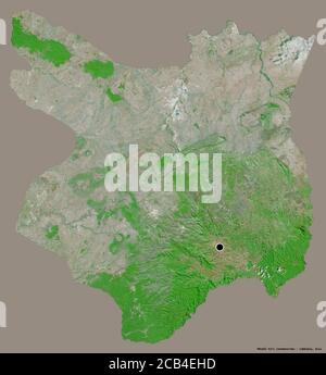 Shape of Môndól Kiri, province of Cambodia, with its capital isolated on a solid color background. Satellite imagery. 3D rendering Stock Photo