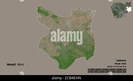 Shape of Môndól Kiri, province of Cambodia, with its capital isolated on solid background. Distance scale, region preview and labels. Satellite imager Stock Photo