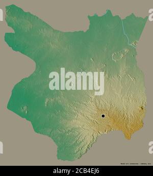 Shape of Môndól Kiri, province of Cambodia, with its capital isolated on a solid color background. Topographic relief map. 3D rendering Stock Photo