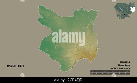 Shape of Môndól Kiri, province of Cambodia, with its capital isolated on solid background. Distance scale, region preview and labels. Topographic reli Stock Photo