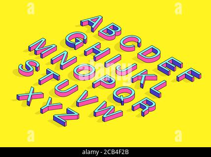Pop art isometric English alphabet on yellow background Stock Vector