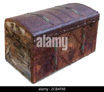 Antique wooden trunk with metal casings, isolated on white background with work path Stock Photo