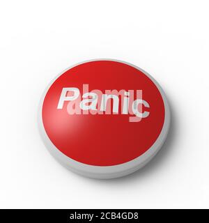 Red Panic button on white background as a representation of reaction and self control in dangerous and emergency situations Stock Photo