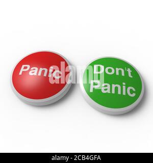 Red panic button and green don't panic button with white text on a white background Stock Photo