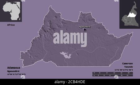 Shape of Adamaoua, region of Cameroon, and its capital. Distance scale, previews and labels. Colored elevation map. 3D rendering Stock Photo