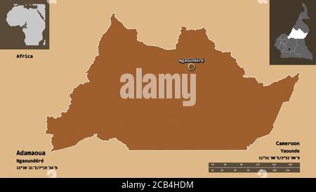 Shape of Adamaoua, region of Cameroon, and its capital. Distance scale, previews and labels. Composition of patterned textures. 3D rendering Stock Photo