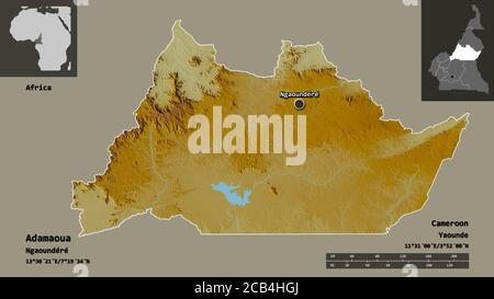 Shape of Adamaoua, region of Cameroon, and its capital. Distance scale, previews and labels. Topographic relief map. 3D rendering Stock Photo