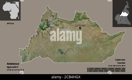 Shape of Adamaoua, region of Cameroon, and its capital. Distance scale, previews and labels. Satellite imagery. 3D rendering Stock Photo