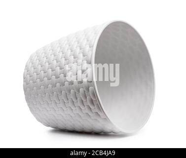 White wicker plastic vase, empty pot isolated Stock Photo