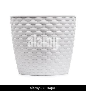 White wicker plastic vase, empty pot isolated Stock Photo