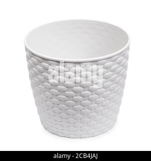 White wicker plastic vase, empty pot isolated Stock Photo