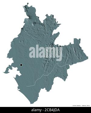 Shape of Littoral, region of Cameroon, with its capital isolated on white background. Colored elevation map. 3D rendering Stock Photo