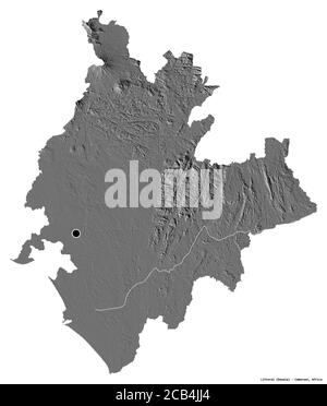 Shape of Littoral, region of Cameroon, with its capital isolated on white background. Bilevel elevation map. 3D rendering Stock Photo