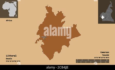 Shape of Littoral, region of Cameroon, and its capital. Distance scale, previews and labels. Composition of patterned textures. 3D rendering Stock Photo