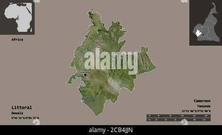 Shape of Littoral, region of Cameroon, and its capital. Distance scale, previews and labels. Satellite imagery. 3D rendering Stock Photo