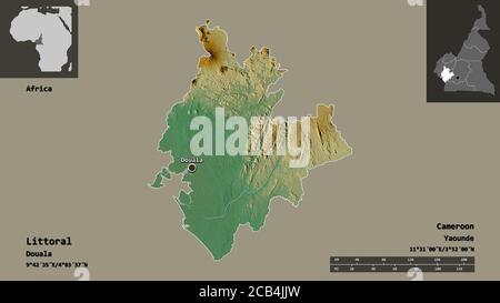 Shape of Littoral, region of Cameroon, and its capital. Distance scale, previews and labels. Topographic relief map. 3D rendering Stock Photo