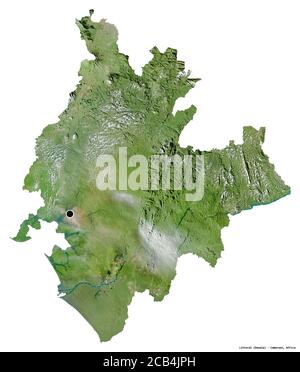 Shape of Littoral, region of Cameroon, with its capital isolated on white background. Satellite imagery. 3D rendering Stock Photo