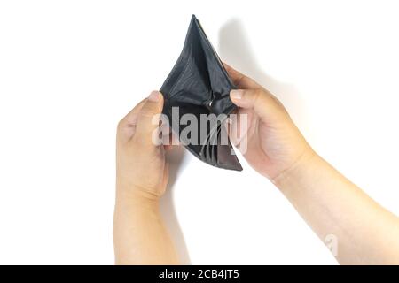 Man hand open an empty wallet on white background Stock Photo
