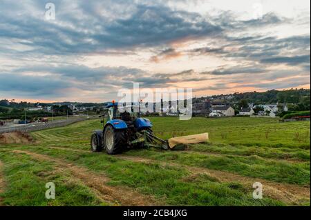 Clonakilty, West Cork, Ireland. 10th Aug, 2020. Farmer Leslie Beamish cuts grass for silage as the sun sets over Clonakilty in West Cork. Leslie used a Krone R280 mower and a New Holland T6.155 tractor. The silage will be used for winter feed. Credit: AG News/Alamy Live News Stock Photo