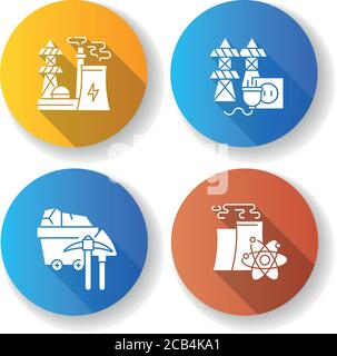 Energy manufacturing flat design long shadow glyph icons set. Electric power station, nuclear reactor and coal mining plant. Electricity industry. Sil Stock Vector