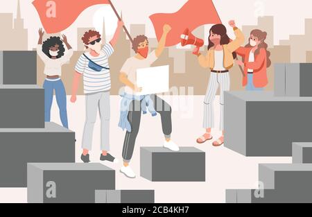 Group of activists at meeting in the city vector flat cartoon illustration. Men and women wearing protective face masks and holding red flags, loudspeakers and placards, protesting. Stock Vector