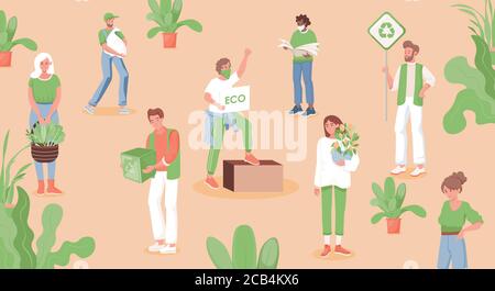 Group of eco activists protesting against environmental pollution vector flat illustration. Men and women in garden or city park holding placards, plants, and containers for recycling of waste. Stock Vector