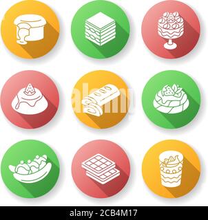 Traditional desserts flat design long shadow glyph icons set. European cuisine. Italian and French sweets. Pavlova. Apple strudel. Belgian waffles. Si Stock Vector