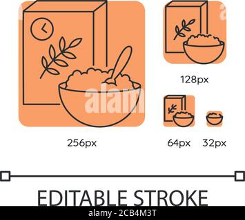 Breakfast and cereal orange linear icons set. Fresh muesli in bowl. Flakes products. Thin line customizable 256, 128, 64 and 32 px vector illustration Stock Vector