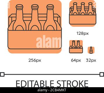 Beer orange linear icons set. Alcoholic beverage in cooler. Booze in package. Drinks in box. Thin line customizable 256, 128, 64 and 32 px vector illu Stock Vector