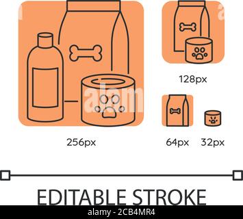 Pet care orange linear icons set. Food for dogs in bag package. Canned goods for cats. Thin line customizable 256, 128, 64 and 32 px vector illustrati Stock Vector