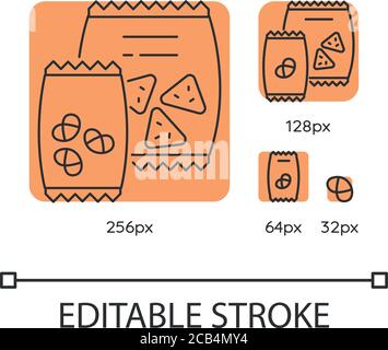 Snacks orange linear icons set. Potato chips in bag. Salty crackers in packet. Junk food. Thin line customizable 256, 128, 64 and 32 px vector illustr Stock Vector