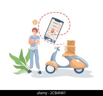 Young man in protective face mask standing near motorbike or scooter with boxes and parcels on it vector flat cartoon illustration. Online non contact delivery via mobile application concept. Stock Vector