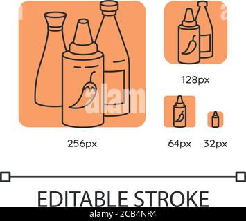 Sauces orange linear icons set. Ketchup in bottle. Condiment for cooking. Recipe ingredient. Thin line customizable 256, 128, 64 and 32 px vector illu Stock Vector