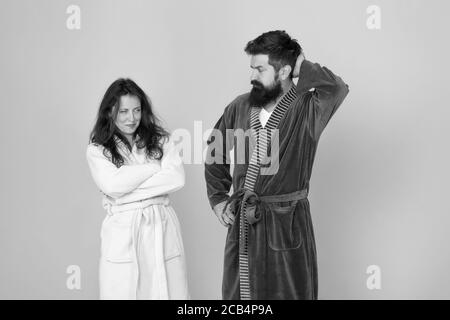 Couple, Family On Sleepy Faces, Yawning In Clothes For Sleep Looks Sleepy  In Morning. Insomnia Concept. Couple Hold Hands Together, Isolated On White  Background. Couple In Love In Pajama, Bathrobe. Stock Photo