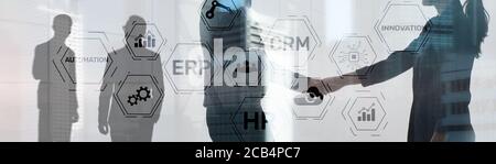 Erp Crm Hr Innovation inscriptions and icons on business background. Stock Photo