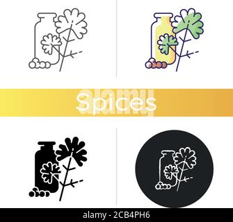 Coriander icon. Chinese parsley. Cilantro. Herbs and spices. Food flavoring and seasoning. Natural supplement. Linear black and RGB color styles. Isol Stock Vector