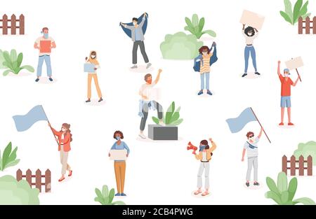 Group of people in protective face masks holding flags, loudspeakers, and placards vector flat illustration. Men and women protesting during meetings in urban park. Demonstration, protest. Stock Vector
