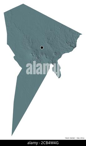 Shape of Tibesti, region of Chad, with its capital isolated on white background. Colored elevation map. 3D rendering Stock Photo