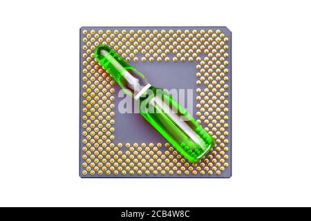 glass ampoule with green fluid for vaccination implantation cpu chip implantation for surveillance and verification human, concept on conspiracy theol Stock Photo
