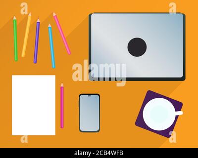 Workplace Top view vector illustration in flat style Stock Vector