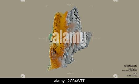 Area of Antofagasta, region of Chile, isolated on a solid background in a georeferenced bounding box. Labels. Topographic relief map. 3D rendering Stock Photo