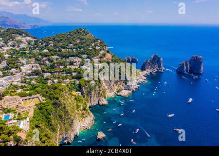 Aerial view of the Faraglioni Sea Stacks in Capri, Italy as seen from the Gardens of Augustus Stock Photo