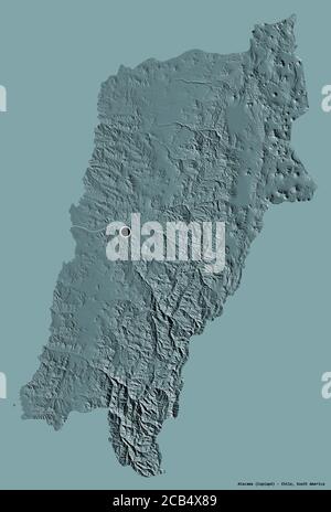 Shape of Atacama, region of Chile, with its capital isolated on a solid color background. Colored elevation map. 3D rendering Stock Photo