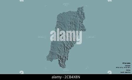 Area of Atacama, region of Chile, isolated on a solid background in a georeferenced bounding box. Labels. Colored elevation map. 3D rendering Stock Photo