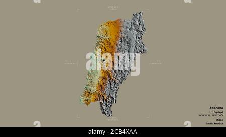 Area of Atacama, region of Chile, isolated on a solid background in a georeferenced bounding box. Labels. Topographic relief map. 3D rendering Stock Photo