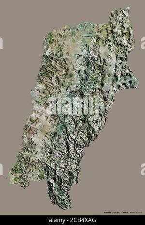 Shape of Atacama, region of Chile, with its capital isolated on a solid color background. Satellite imagery. 3D rendering Stock Photo