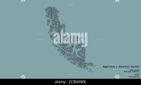 Area of Magallanes y Antártica Chilena, region of Chile, isolated on a solid background in a georeferenced bounding box. Labels. Colored elevation map Stock Photo